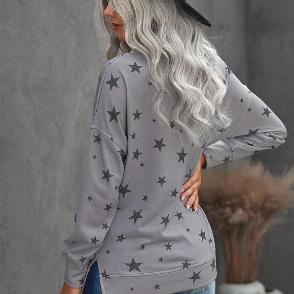 STAR PRINT GRAY ROUND NECK LONG SLEEVE - Picture 2 of 14